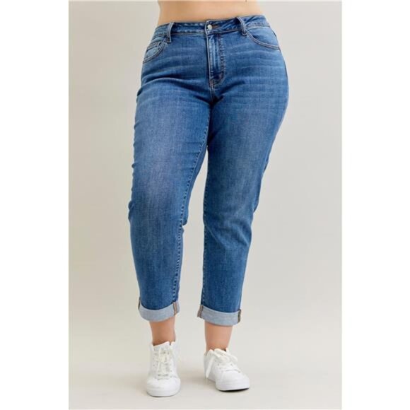 Judy Blue Full Size Mid Rise BF Classic Cuffed Jeans Plus Size - Picture 1 of 5